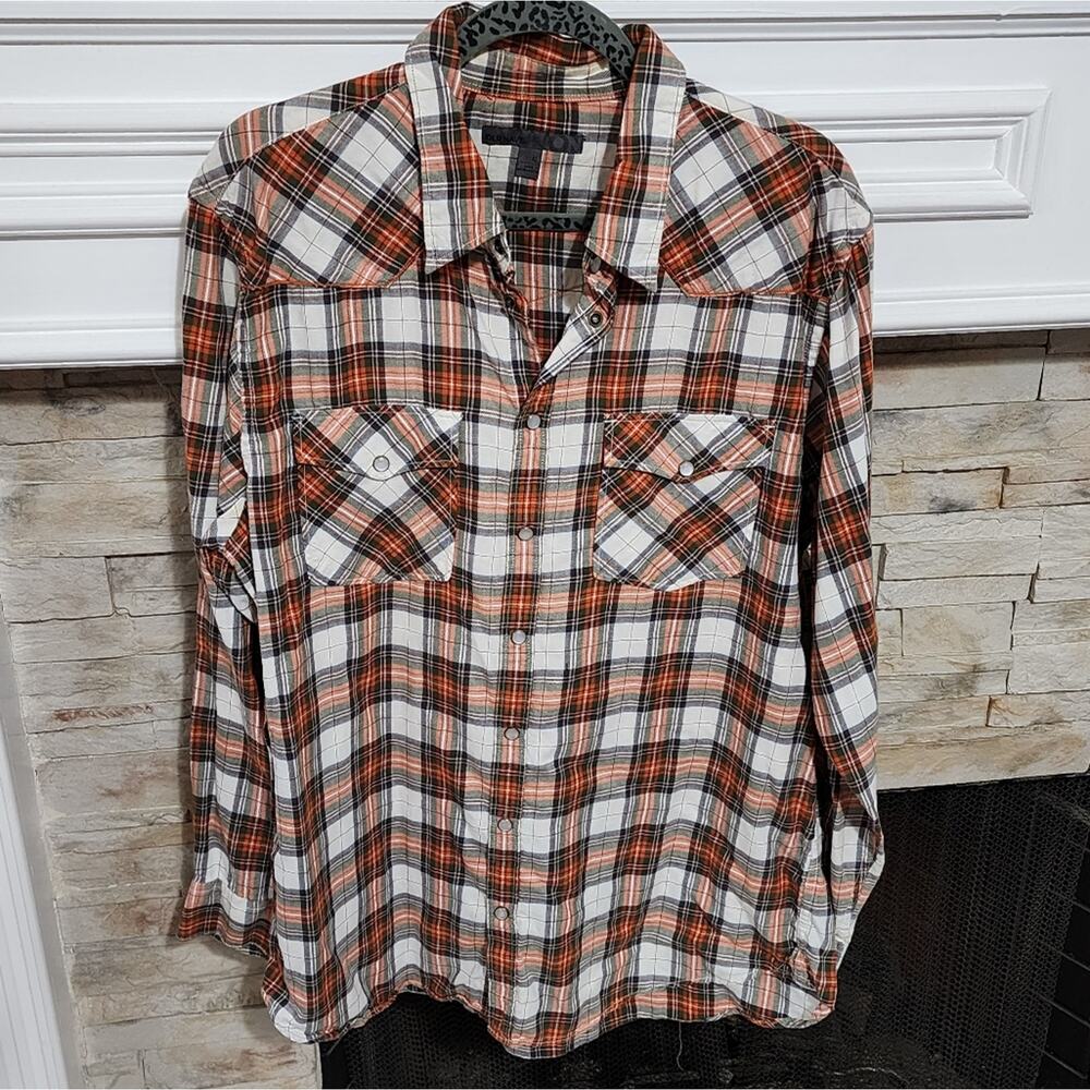 Old navy pearl snap orange plaid vintage‎ men's shirt size XL